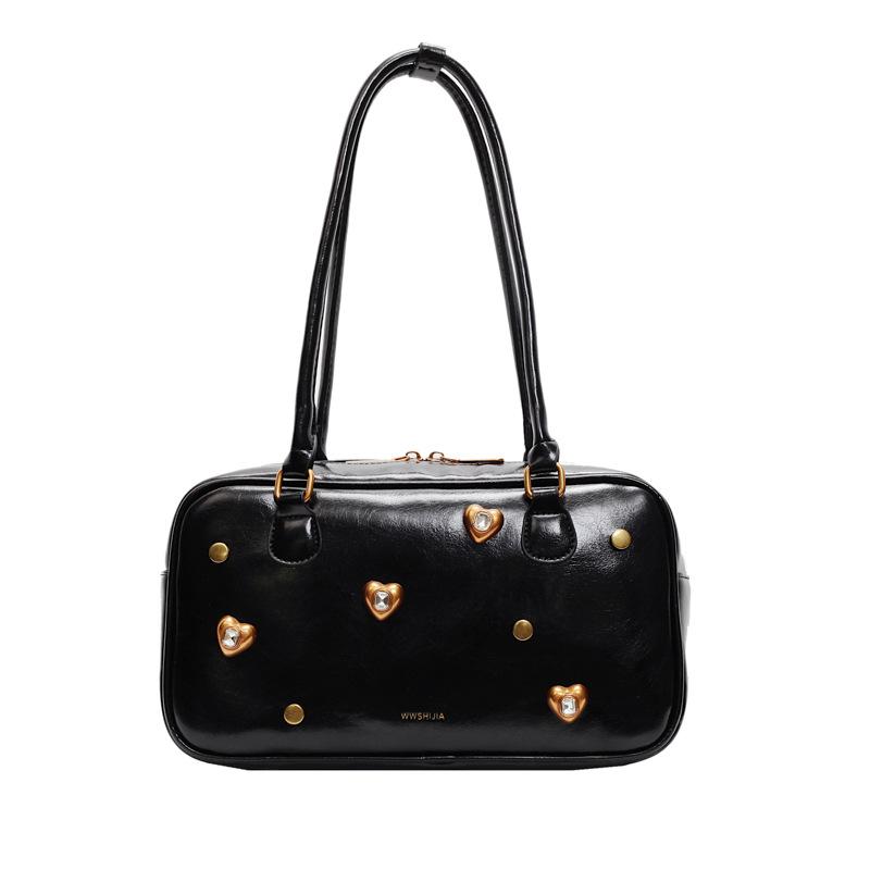 

Fashion personality diamond-encrusted underarm bag women s winter versatile oil wax leather texture sheet чёрный