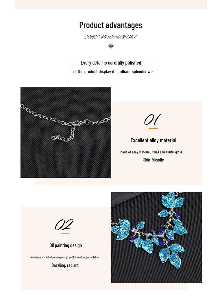 European-American Colorful Leaf Diamond-Encrusted Enamel Alloy Necklace Set