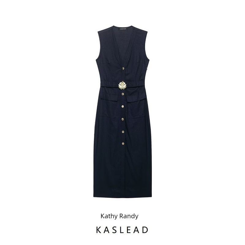 Kaslead New Women clothes Western Style Simple Slim fit With Belt Midi Dress 8208709