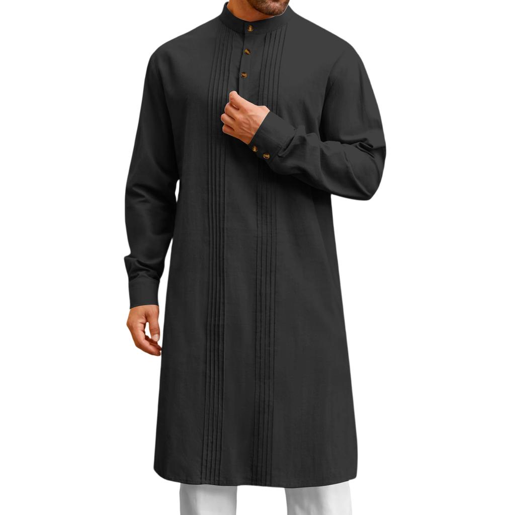 Mens Kaftan Thobe Button Down Casual Shirts Long Sleeve Robe Cotton Linen Muslim Gown Shirt