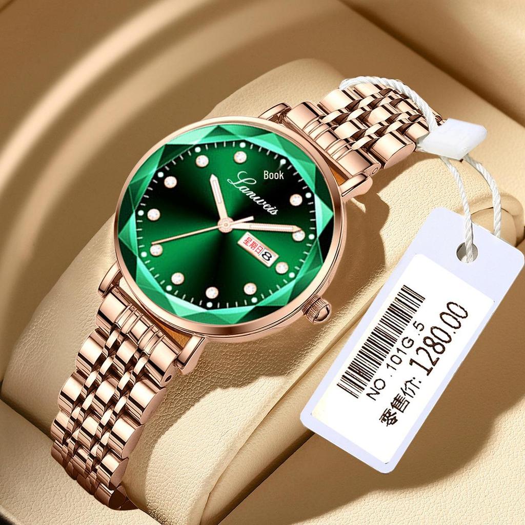 Origineel Dames Stalen Band Horloge met Vlinder Sluiting, Dubbele Datum, Lichtgevend, Waterdicht, Elegante Nieuwe Stijl.