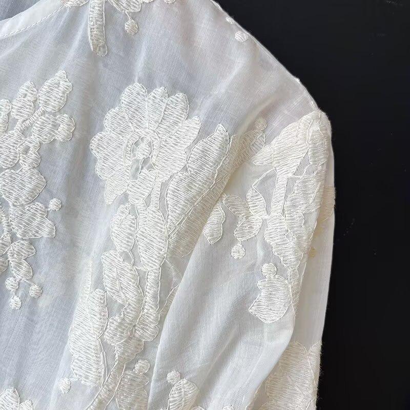 Semi-Transparent Lace Embroidered Women's Round Neck Blouse