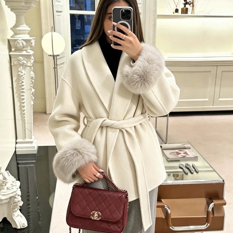 Winter Fox Fur Cuff Splicing Lace-up Short Woolen Jacket Femininity Commuter Coat