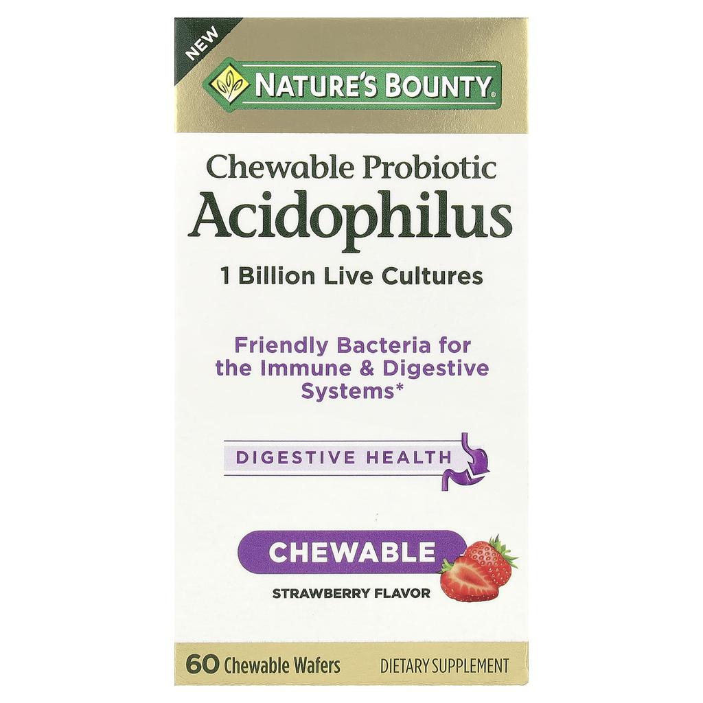 Nature's Bounty Chewable Probiotic Acidophilus, Strawberry, 1 Billion, 60 Chewable Wafers