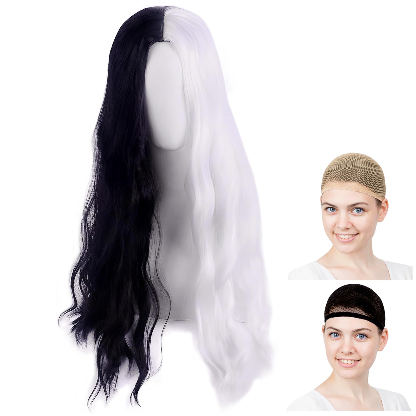 

CaseEden Cosplay Wavy Center Heat Black WIG6196 Wig, Hair, Part, Long, 60cm, Resistant, & Silver,