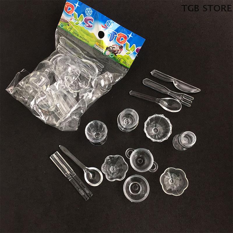 13Pcs/Set Mini Plastic Transparent Drink Cups Dish Plate Tableware Miniatures Kitchenware Toy  DIY Pretend Play Toy