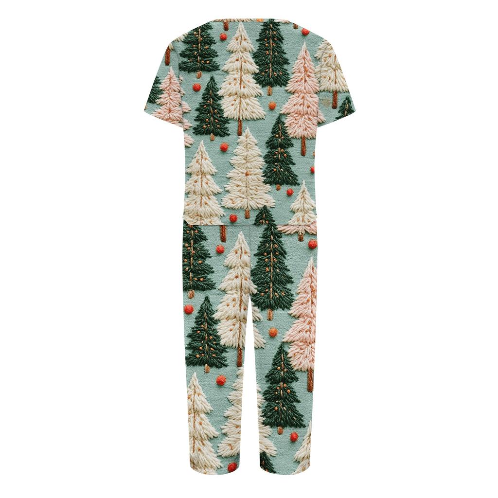 Women's Casual Christmas Print Two-Piece Outfit with Short Sleeve Top and Pants