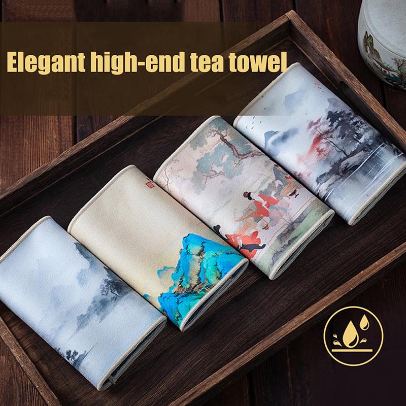 30*18Cm High-End Tea Towel With Retro Style And Colorful Painting, Special Tea-Drinking Cloth, Premium Tea Set