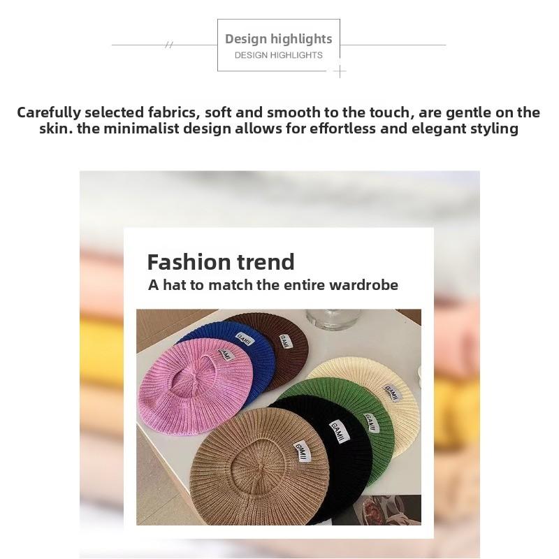 Knitted Woolen Hat for Women In Fall and Winter, Beret Style, Appliquéd Fabric Hat with Large Brim, Luxurious Style, Fashionable for Daily Wear.