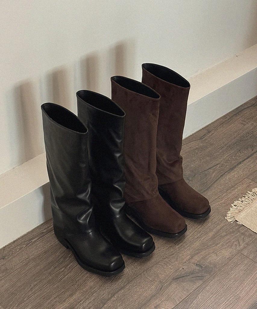 Moodnple Primrose Simple Basic Round Square Suede Long Boots 2 Colors 4Cm
