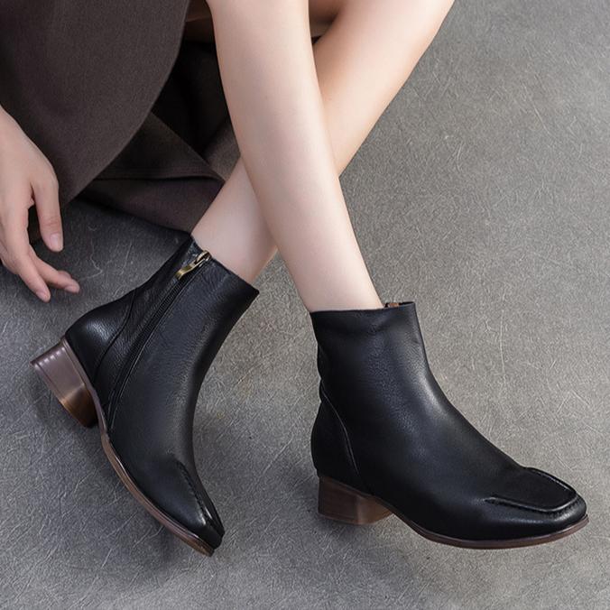 Johnature Square Toe Thick Heel Boots Versatile Genuine Leather Short Boots Commuting Women's Shoes