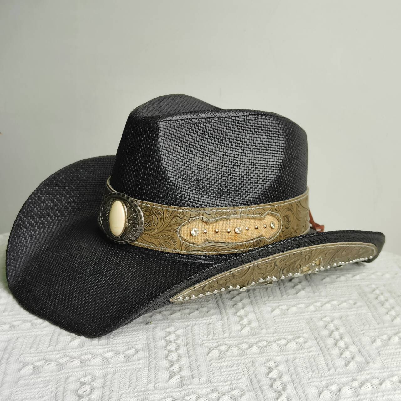 Melesh Western Cowboy Hat Summer Women s Straw Cowboy Hat Pearl Accessories Wide Brim Sun Protection Beach Western Cowboy Hat S56-58cm