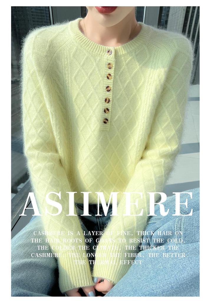Lekasha 100% Cashmere Mink Velvet Seven-Button Cable Knit Sweater