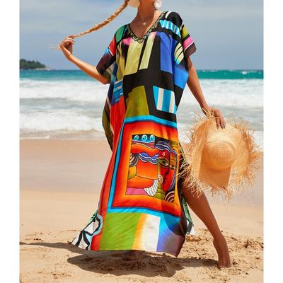 Women's Fashion Summer Spring Colour Block Print Short Sleeve V-Neck Loose Waistline Casual Dresses