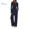 Long Sleeve Top Women Pants Set for Spring Fall, Slim Fit Crewneck Sweatshirt, Two Piece Sets Elastic Waist Loose Wide Leg Pants, Solid Color