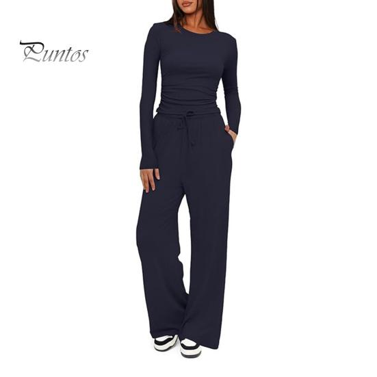 Long Sleeve Top Women Pants Set for Spring Fall, Slim Fit Crewneck Sweatshirt, Two Piece Sets Elastic Waist Loose Wide Leg Pants, Solid Color
