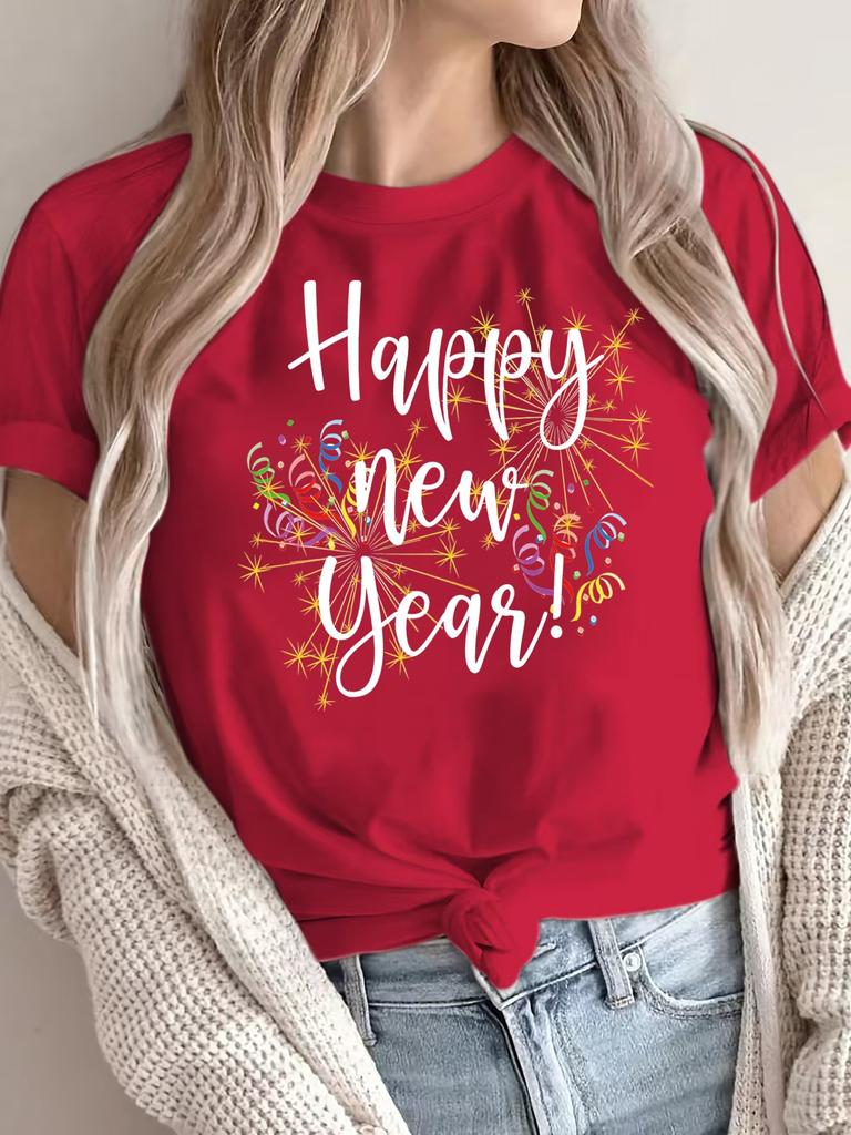 WomenS Festive Happy New Year Letter Print TShirt Sleeve Crew Neck Casual Regular Tee for Spring Summer Aesthetic Clothes