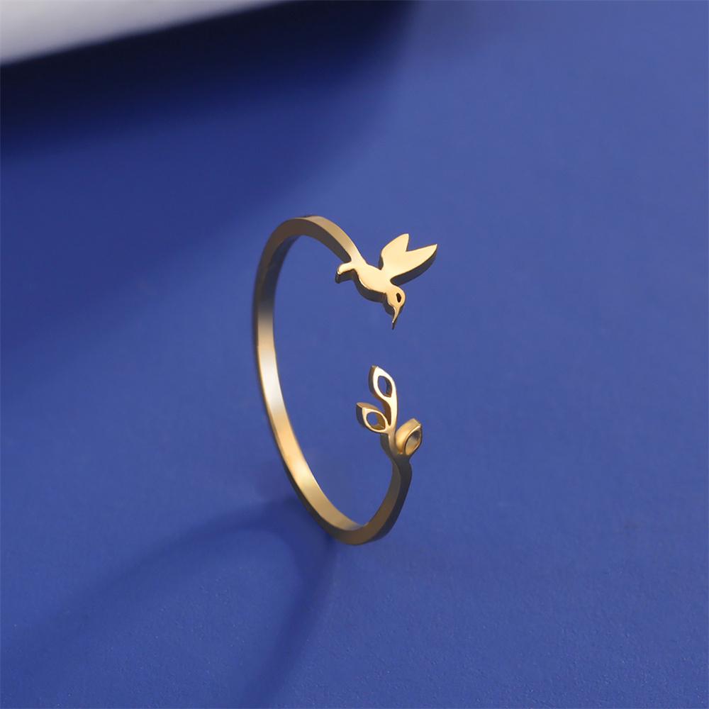 My Shape Bird Leaves Rings for Women Girls Teen Stainless Steel Peace Dove Olive Leaf  Adjustable Open Finger Rings Jewelry Gift