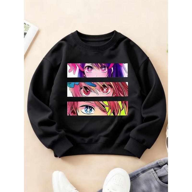 Kidss Crewneck Long Sleeve Sweatshirt, Manga Style 2D Girl Eye Panel Graphic Print 110 чёрный