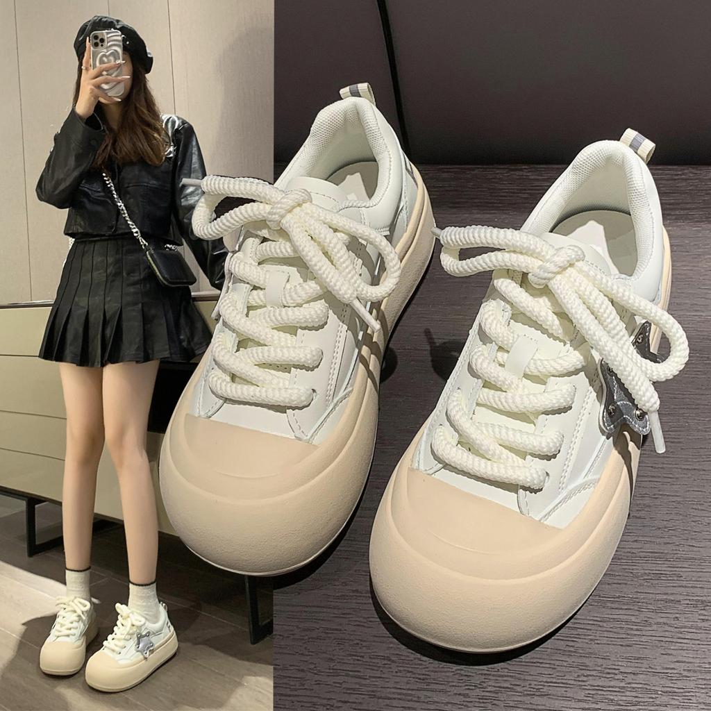 Muffin Sole Silver Star Ugly Cute Little White Shoes Women 2025 New Versatile Round Head Soft Sole Casual Student Board Shoes