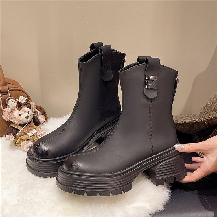 Leather Thick-soled Martin Boots, New Autumn and Winter Shopping Malls, the Same Thick-soled Heightened and Thin Elastic Boots Martin Boots