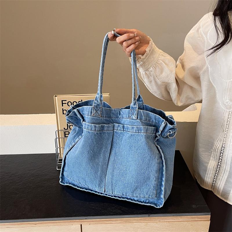 Large Denim Tote Bag For Women - Vintage Crossbody Purse With Adjustable Strap, Blue Casual Shoulder Bag
