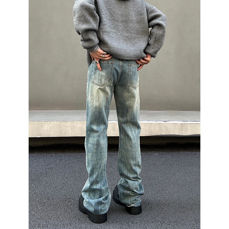 Blaexit American-Style Washed Blue Cleanfit Jeans for Men and Women, Slightly Flared Straight-Leg Vintage Pants