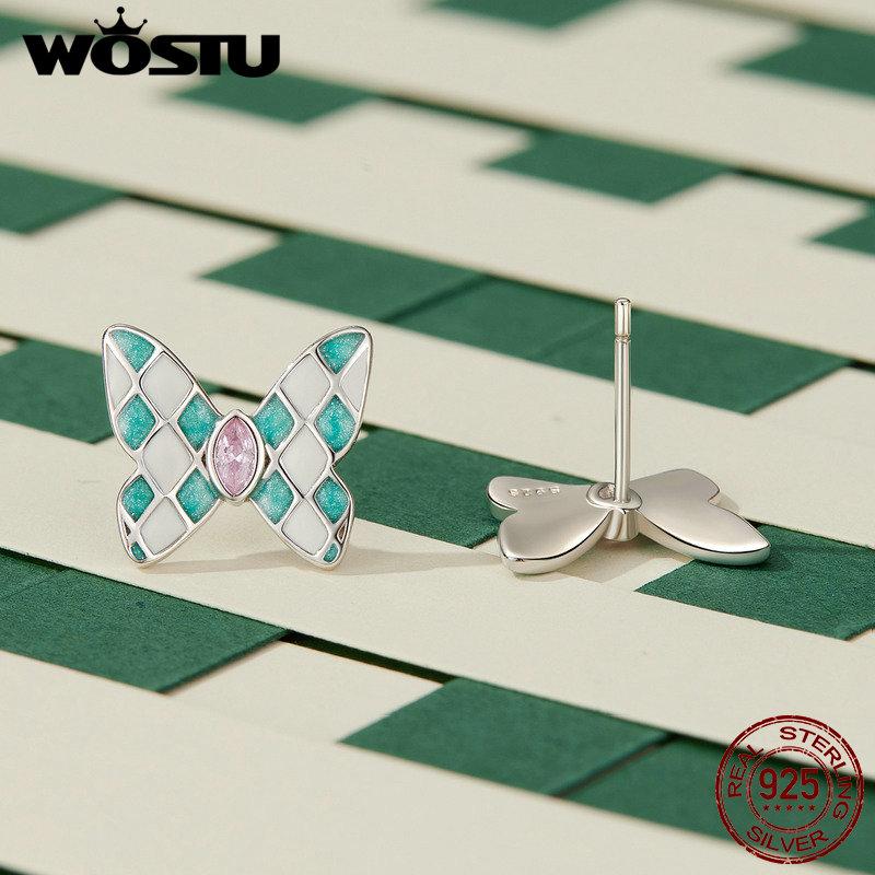 WOSTU Jemné náušnice motýlci ze sterlingového stříbra 925 s diamantovým vzorem pro ženy, jemné šperky