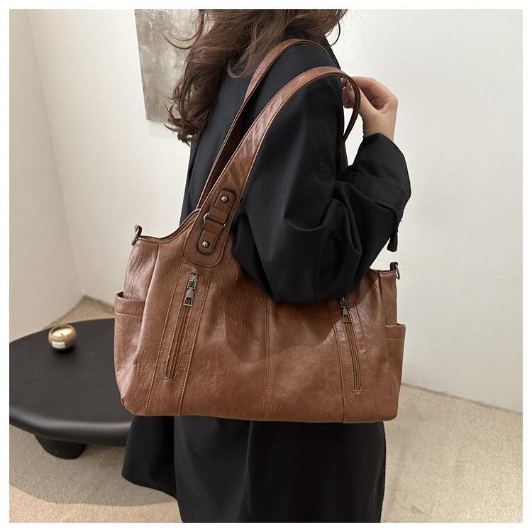 Retro Style Faux Leather Tote Bag for Women Large Capacity Shoulder Handbag