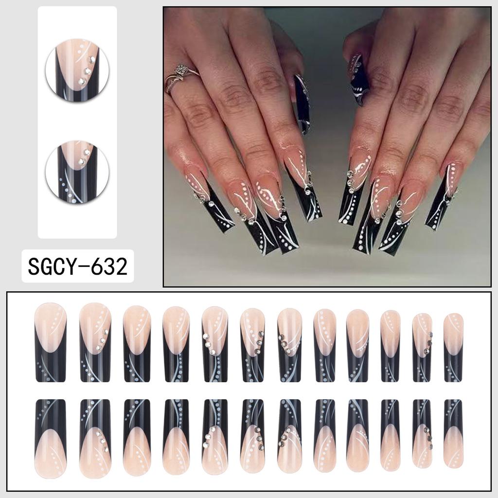 Black Press On Nails Long Coffin Glossy Full Cover Acrylic Long Square False Nails with Designs Artificial Fake Nails Glue Stick On Nails for Women