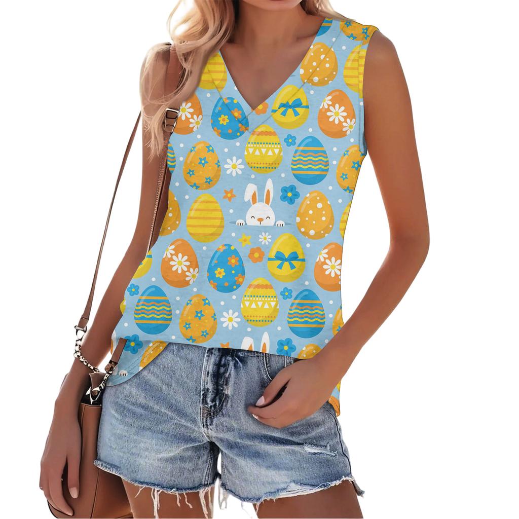 Modny Damski Casualowy Wszechstronny Letni Top na Ramiączkach z Nadrukiem Wielkanocnym Slim-Fit