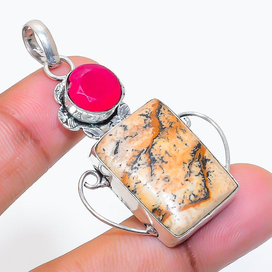 Natural Picture Jasper, Jade 925 Sterling Silver Jewelry Pendant 2.05" ZS-439