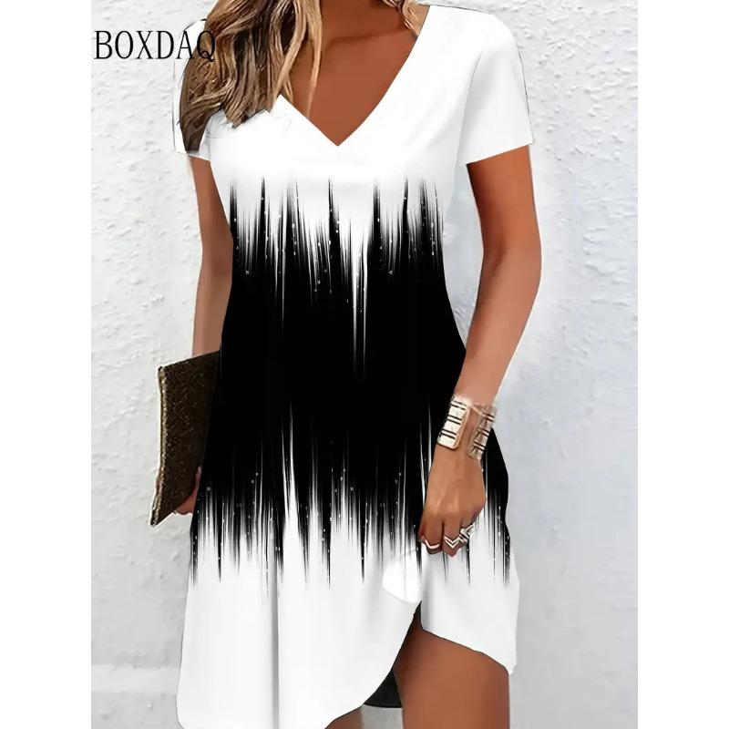 3D Vintage Women Flowers Printed Dresses Summer Plus Size Short Sleeve V-Neck Casual A-Line Knee-length Dress Loose