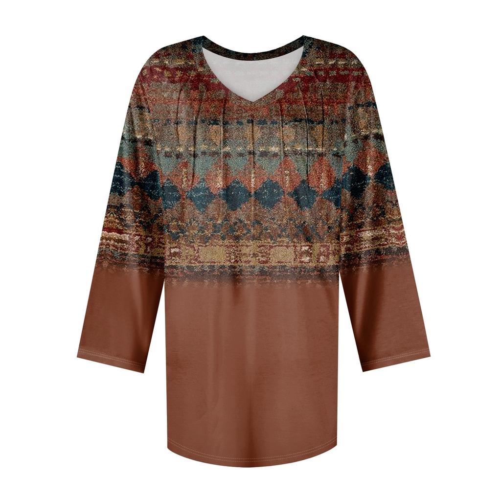 Women's Casual Tops V Neck Pull Stripe Prints Seven Sleeve Tops