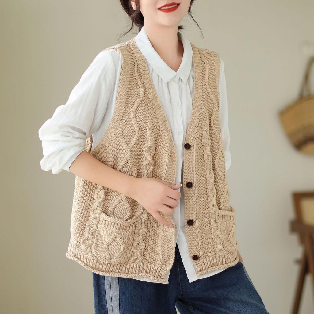Johnature Women Vintage Sweaters Vests V-Neck Sleeveless Patchwork Pockets Coats Knitted Cotton Clothes Fall Sweaters