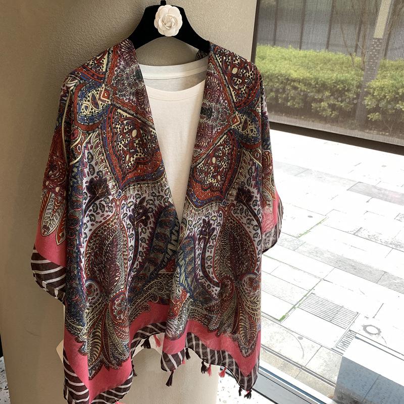 Old Qian Feng Cashew Nut Silk Scarf Women'S Spring, Autumn Winter Collocation Baotou Neck Protector Hanging Beard Ethnic Style Scarf Cardigan Shawl