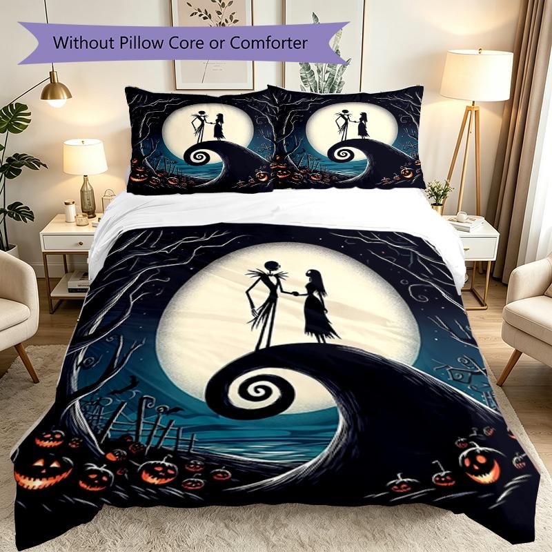 3pcs Halloween Jack Sally Skull Duvet Cover Set for Dorm Room Guest Room Decor, Soft Breathable, Not Comforter Set