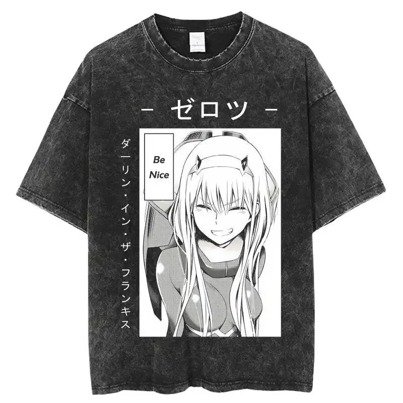 Zero Two Darling In The Franxx Vintage Acid Washed Anime T-Shirt Vaporwave Aesthetic Black Oversized Unisex Streetwear Fan Tee