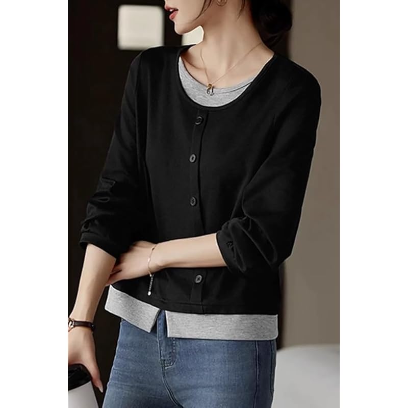 [Sayla] tops long sleeve ladies blouse crew neck T-shirt Plain color trainer switching fake layered pullover Dress slimmer jacket autumn winter spring