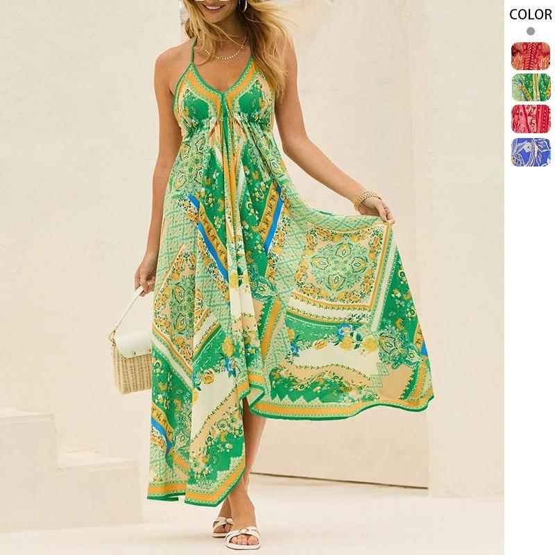 Summer off-shoulder V-neck women's suspender printed long dress for women