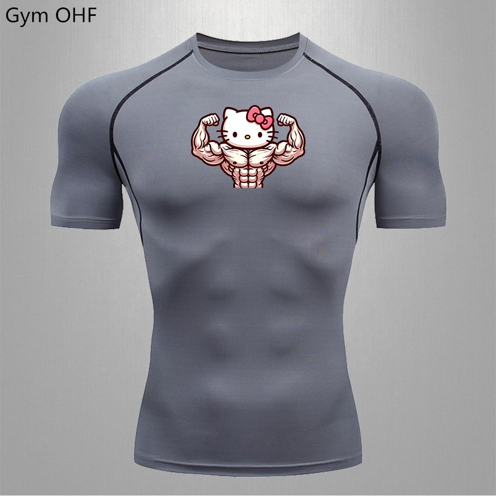 2026 T Shirts for Men Summer Short Sleeve Cartoon Printed Gym Workout Tees Athletic Quick Drying Undershirts Top Tight Fitting Sports