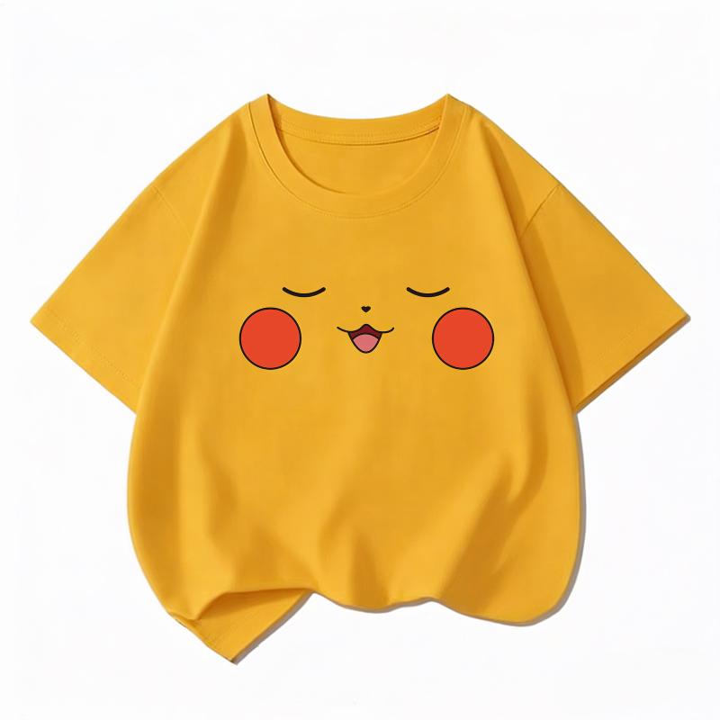 Potdemiel Kids Cotton Tshirt Cute Pikachu Face Print Summer Short Sleeve Breathable Crew Neck Boys Girls Casual Tops