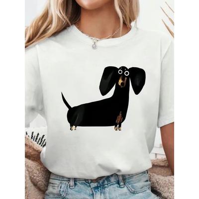 Cute Black Sausage Dog Funny Printed Women's T-shirt Short Sleeve Crew Neck Top for Summer Women's Harajuku Casual Clothing