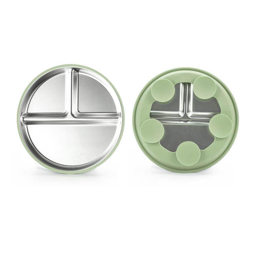 

Silicone Sleeves Stainless Steel Kids Plate Non-Slip Toddler Bowls Divided Baby Plates зелёный