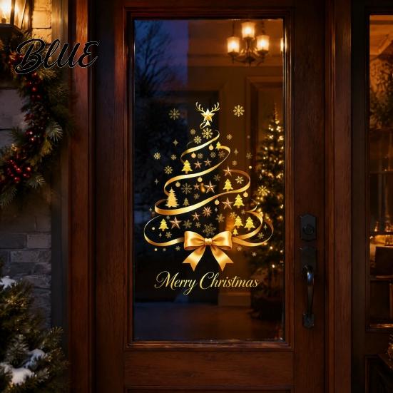 Weatherproof Christmas Stickers Gold Ribbon Tree Static Window Cling Glass Sticker with Bow Reindeer Creative Gift Ideas Antler & Star Snowflake,