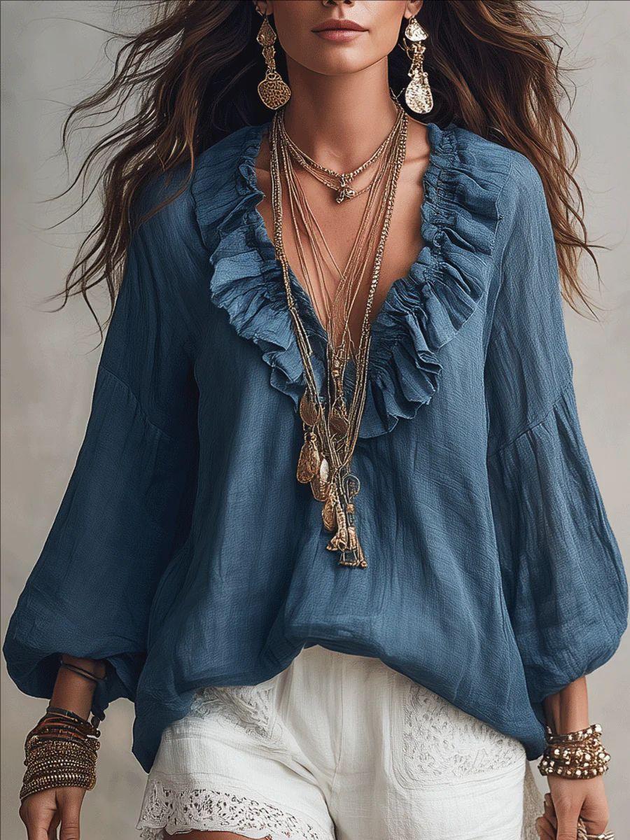 Casual Design V Neck Lantern Sleeve Long Sleeve Loose Women Blouse S
