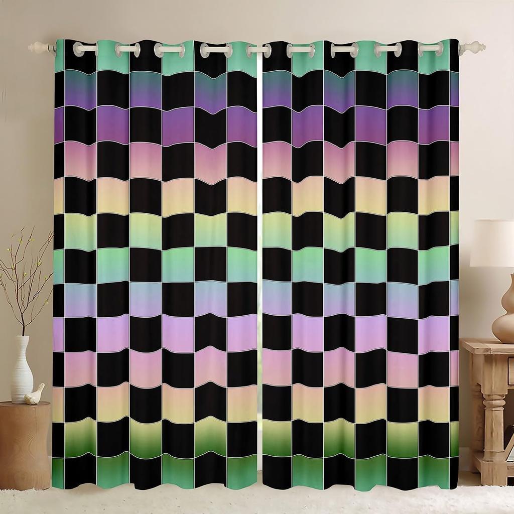 Checkered Curtain Colorful Checkerboard Grid Curtains Drapes Funky Gingham Buffalo Plaid Window Bedroom With Room Darkening Polyester Perfect For