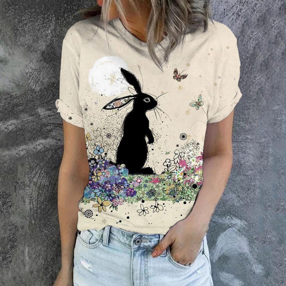 Rabbit and Cat 3D Digital Printed Women's Fashion Casual Round Neck Short Sleeved T-shirt