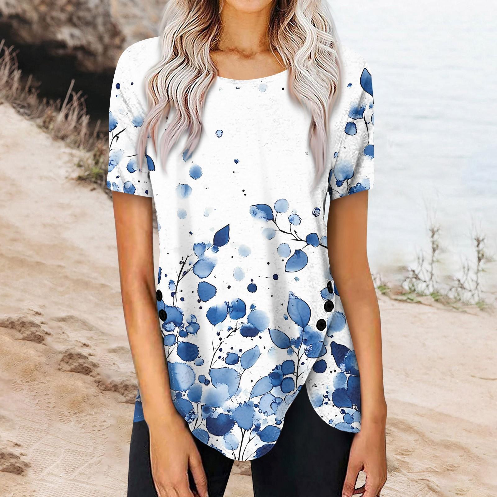 

Женский летний топ с коротким рукавом и круглым вырезом, с принтом на пуговицах сбоку XXL синий