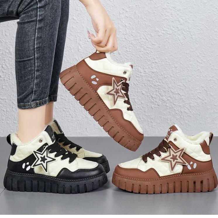 Fashion Women's High-Top Fleece Lined Thickened Winter Sneakers Outdoors Casual Thick Bottomed Warm Snow Boots Comfortable Cotton Shoes